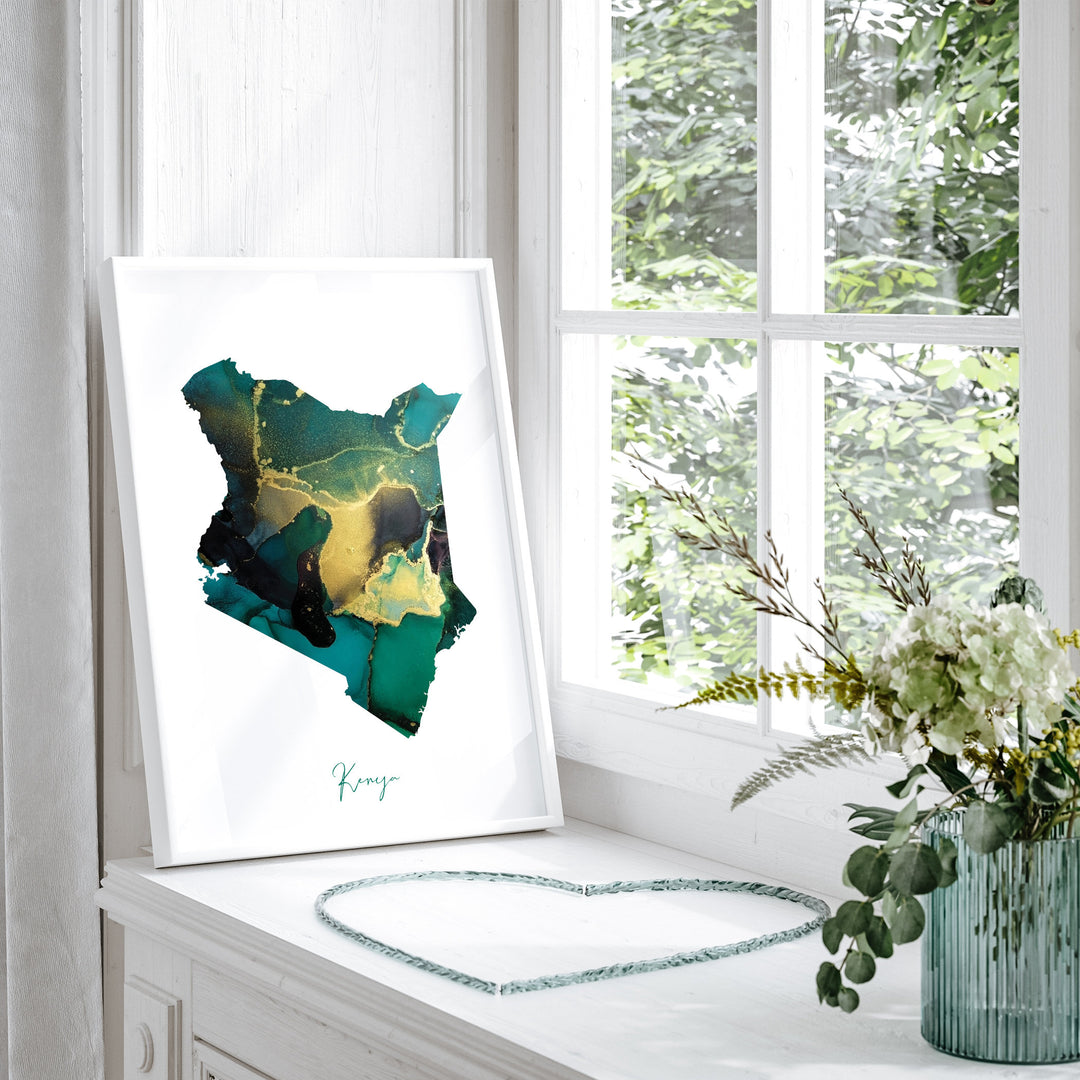 Kenya Map Emerald Green and Gold Wall Art Print