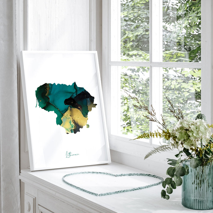 Lithuania Map Emerald Green and Gold Wall Art Print