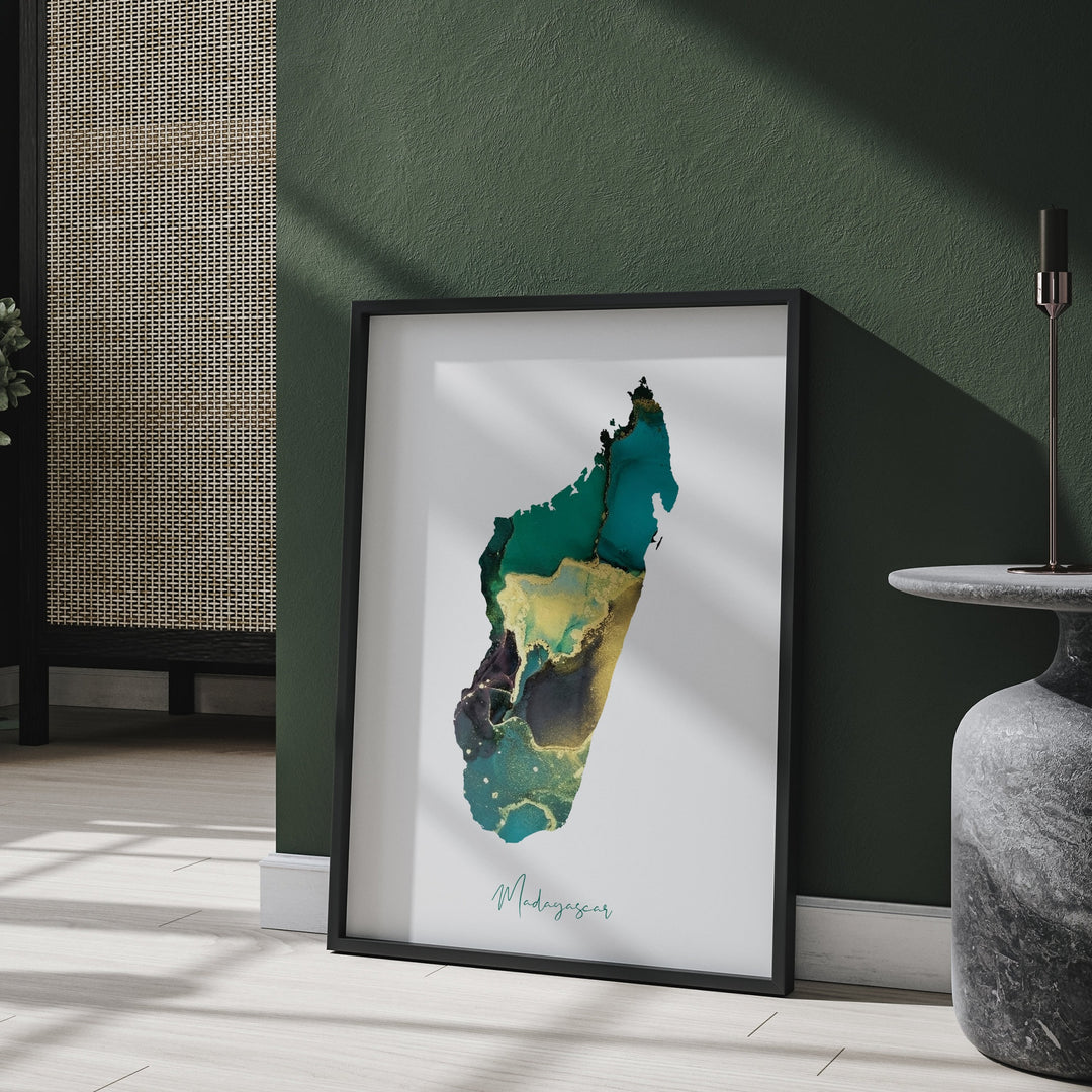 Madagascar Map Emerald Green and Gold Wall Art Print