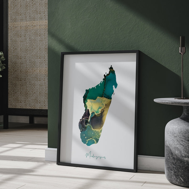 Madagascar Map Emerald Green and Gold Wall Art Print