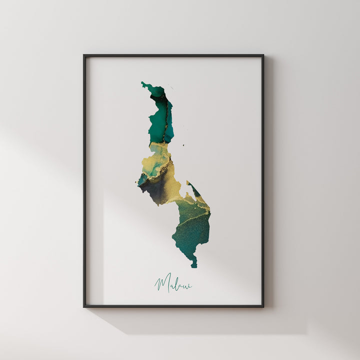 Malawi Map Emerald Green and Gold Wall Art Print