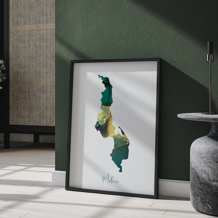 Malawi Map Emerald Green and Gold Wall Art Print