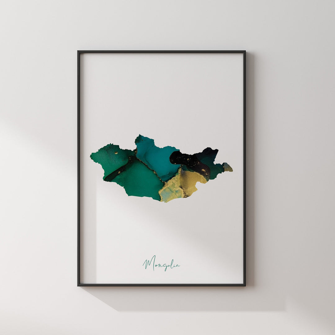Mongolia Map Emerald Green and Gold Wall Art Print