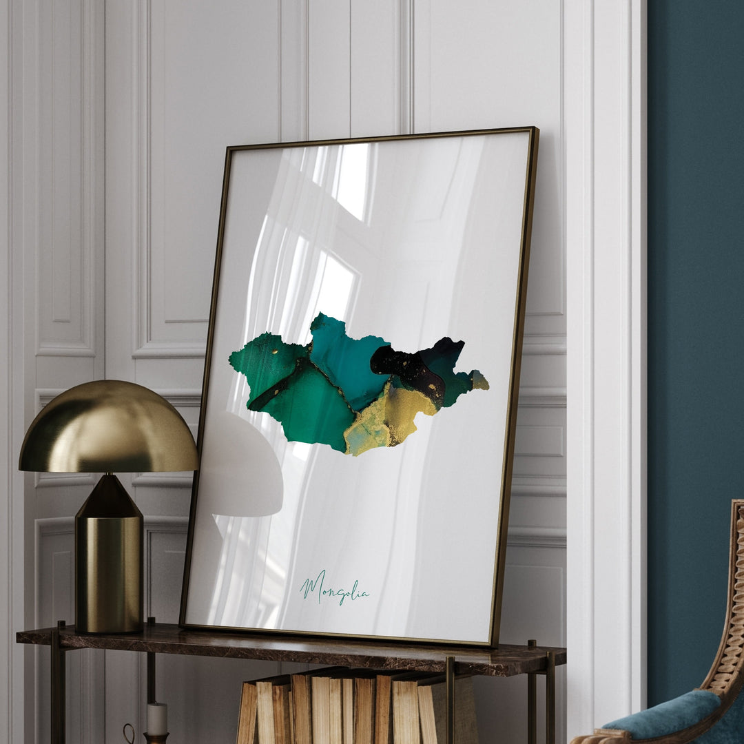 Mongolia Map Emerald Green and Gold Wall Art Print
