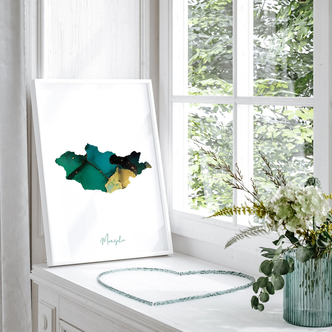 Mongolia Map Emerald Green and Gold Wall Art Print