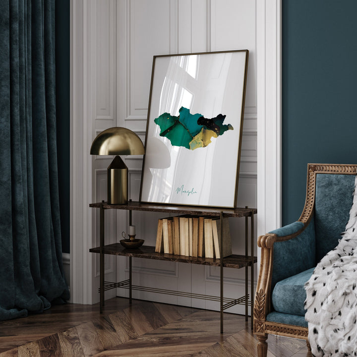 Mongolia Map Emerald Green and Gold Wall Art Print