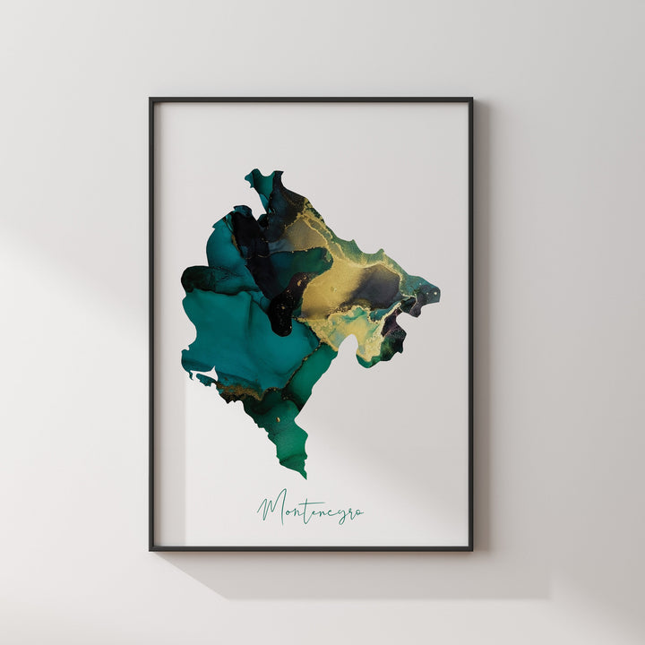 Montenegro Map Emerald Green and Gold Wall Art Print