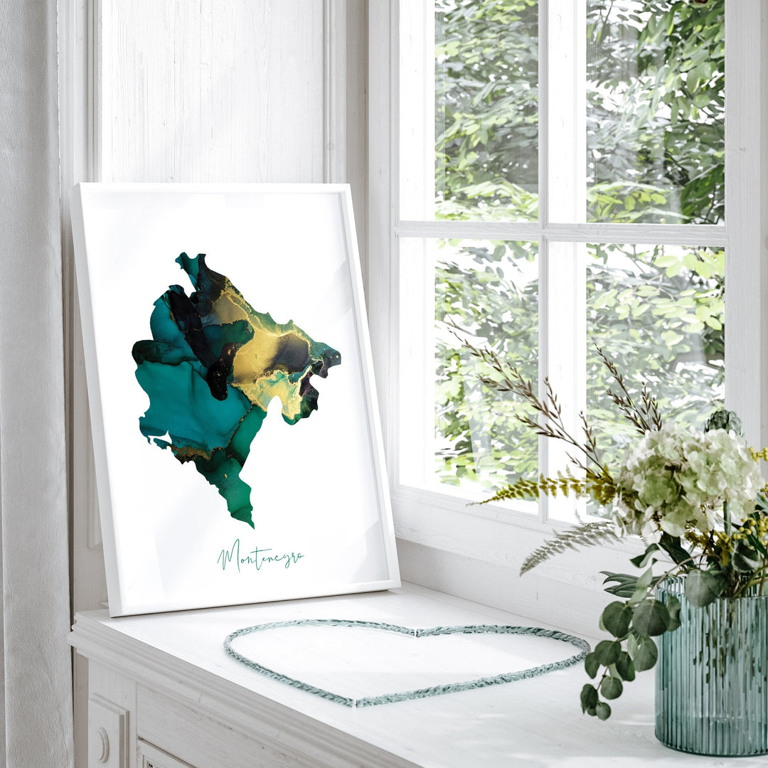 Montenegro Map Emerald Green and Gold Wall Art Print