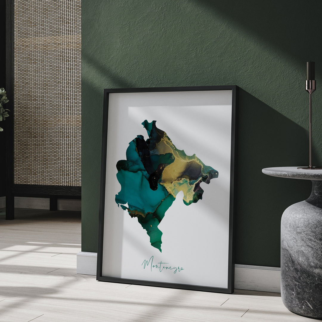 Montenegro Map Emerald Green and Gold Wall Art Print