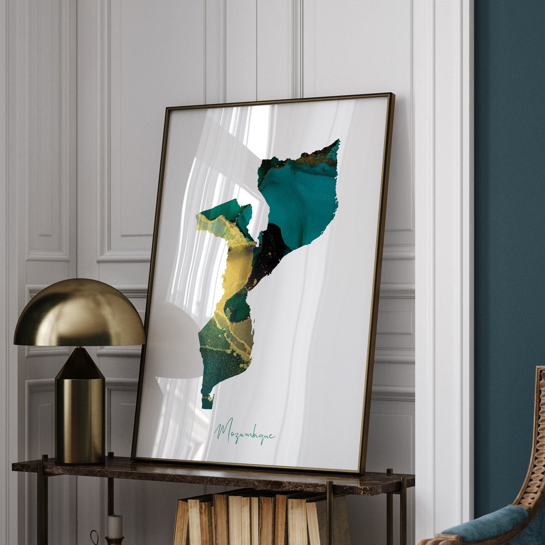 Mozambique Map Emerald Green and Gold Wall Art Print