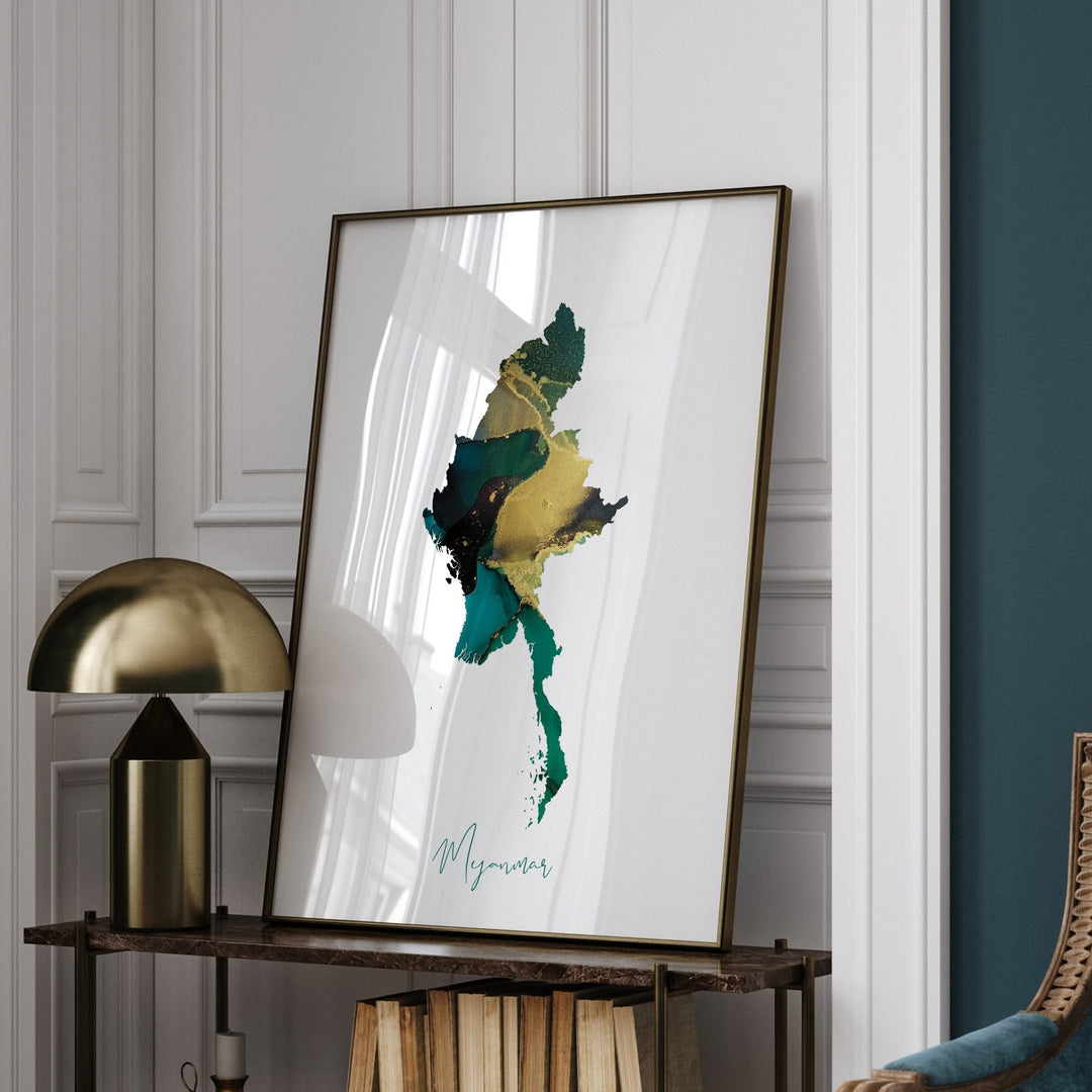 Myanmar Map Emerald Green and Gold Wall Art Print