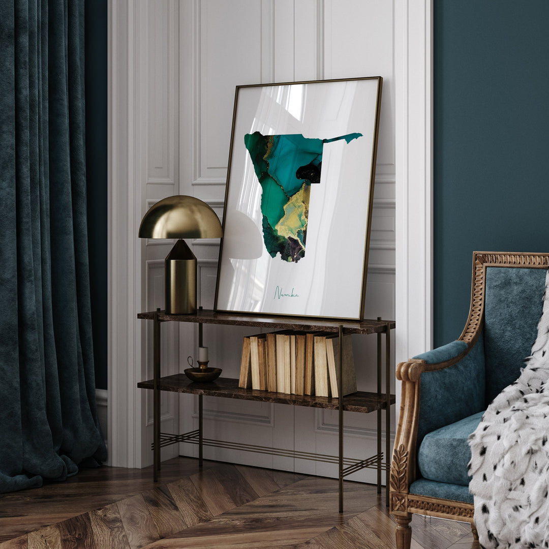 Namibia Map Emerald Green and Gold Wall Art Print