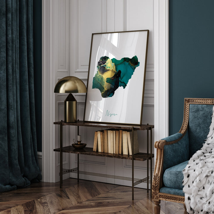 Nigeria Map Emerald Green and Gold Wall Art Print