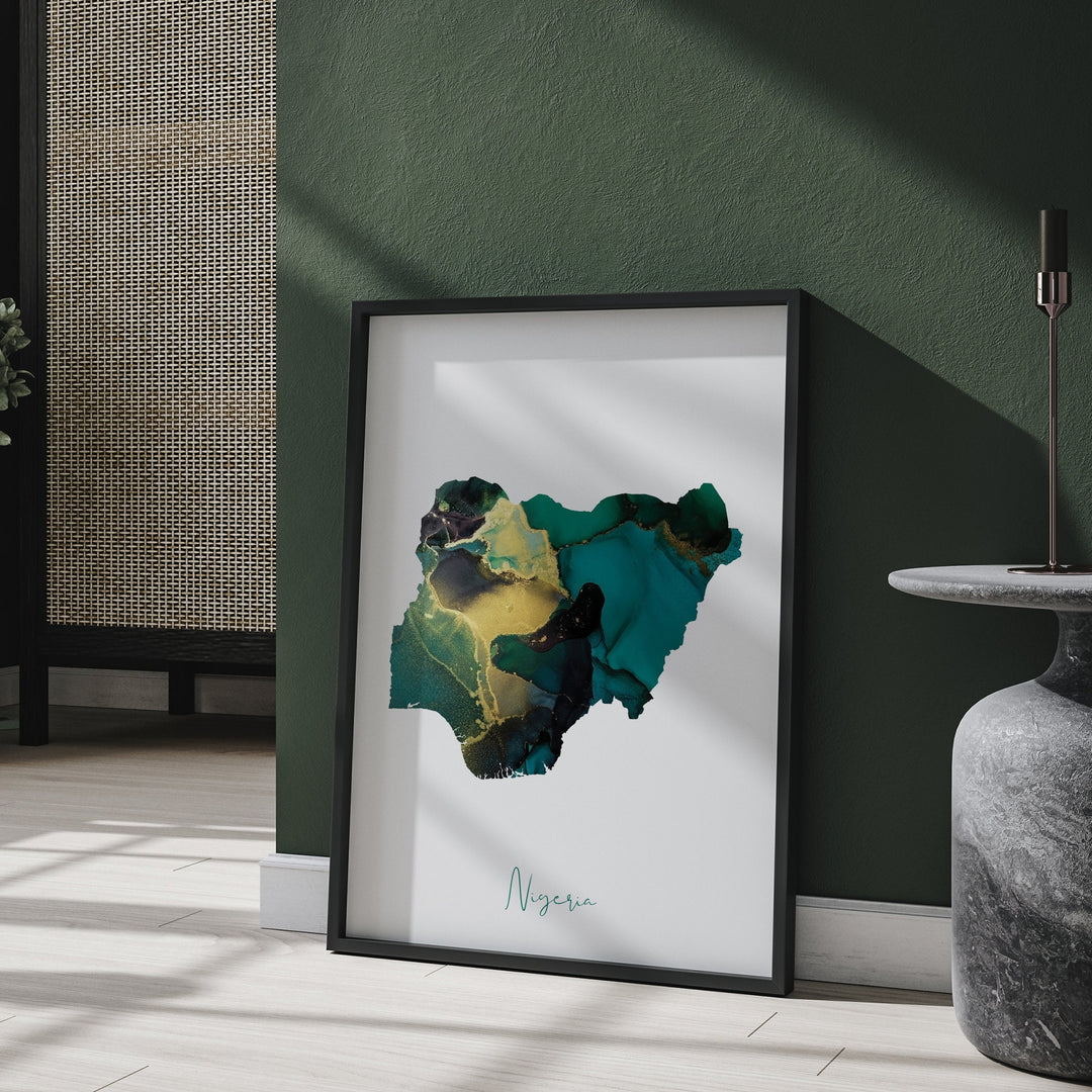 Nigeria Map Emerald Green and Gold Wall Art Print