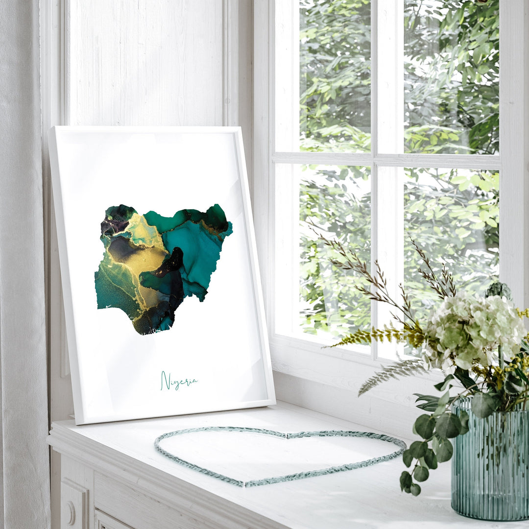 Nigeria Map Emerald Green and Gold Wall Art Print