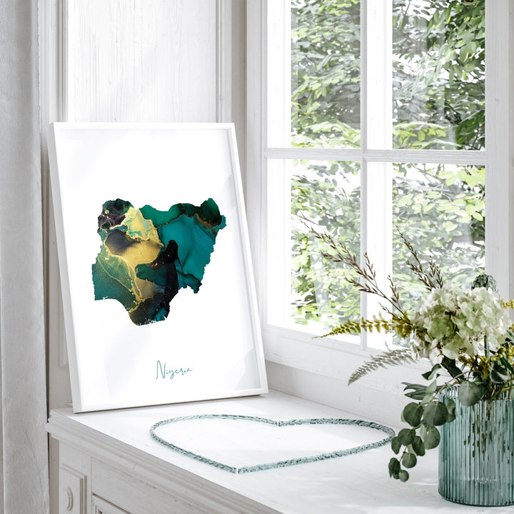 Nigeria Map Emerald Green and Gold Wall Art Print