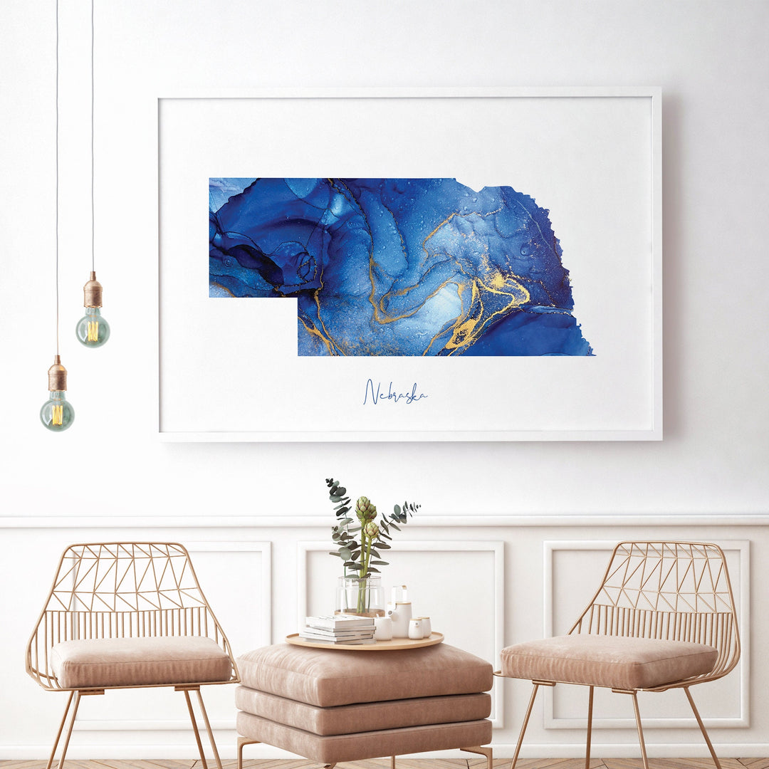 Nebraska Map Blue and Gold Wall Art Print | US State | United States of America | USA