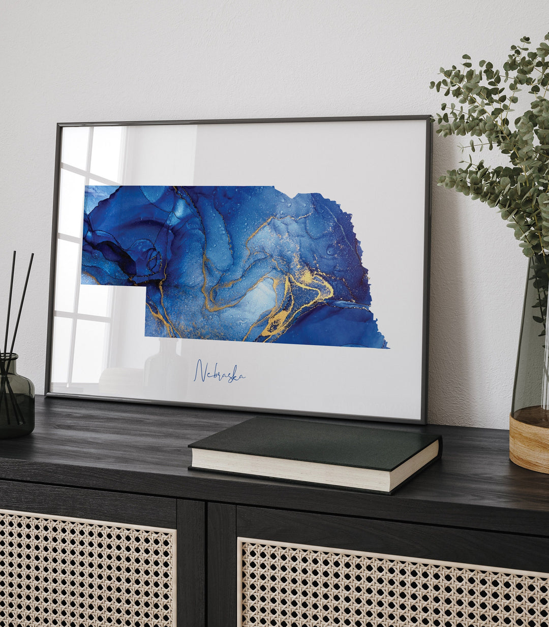 Nebraska Map Blue and Gold Wall Art Print | US State | United States of America | USA