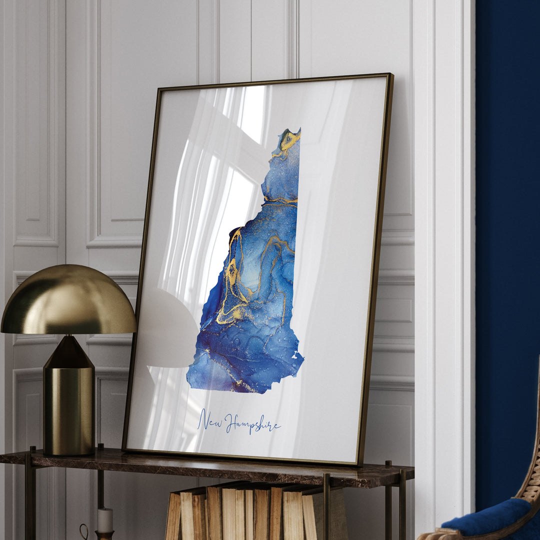 New Hampshire Map Blue and Gold Wall Art Print | US State | United States of America | USA