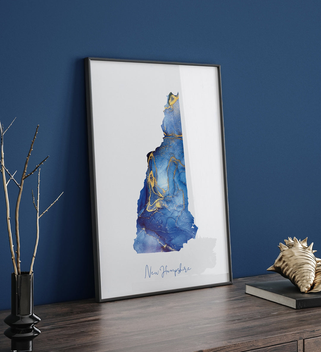 New Hampshire Map Blue and Gold Wall Art Print | US State | United States of America | USA