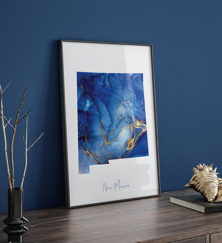 New Mexico Map Blue and Gold Wall Art Print | US State | United States of America | USA