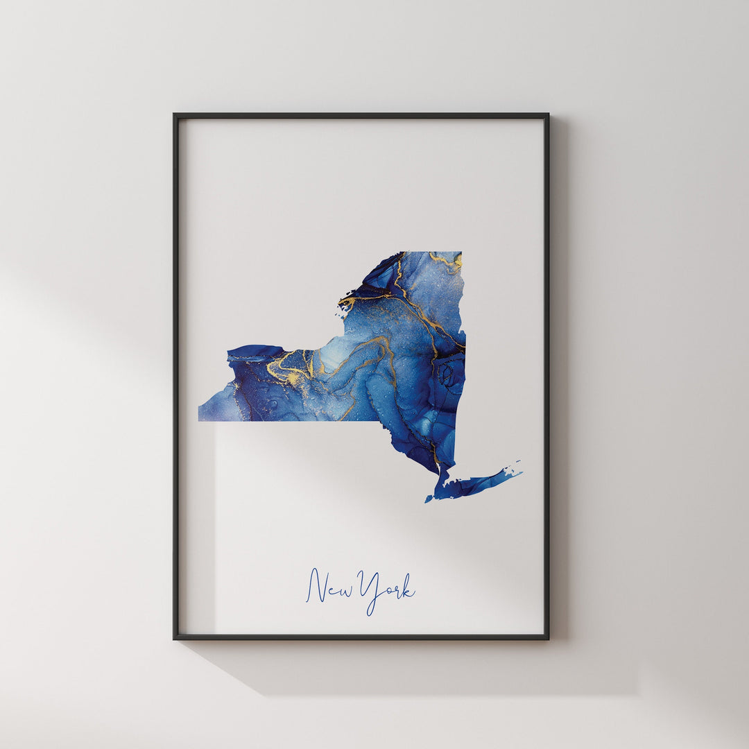 New York Map Blue and Gold Wall Art Print | US State | United States of America | USA