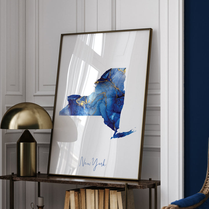 New York Map Blue and Gold Wall Art Print | US State | United States of America | USA