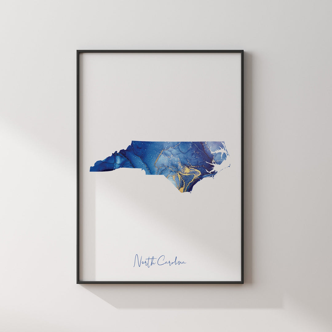 North Carolina Map Blue and Gold Wall Art Print | US State | United States of America | USA