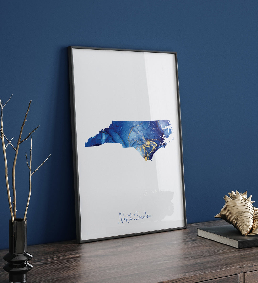 North Carolina Map Blue and Gold Wall Art Print | US State | United States of America | USA
