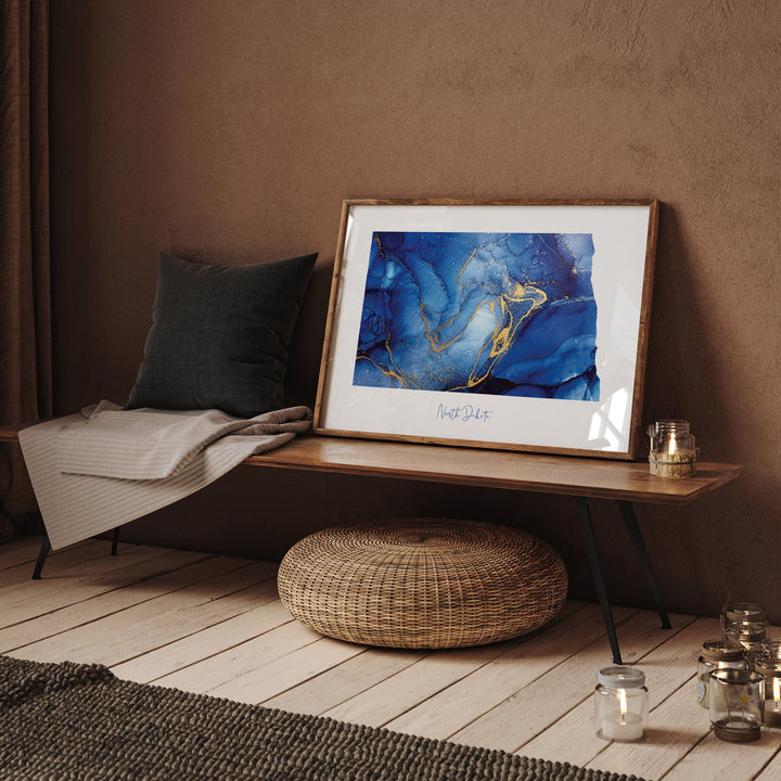 North Dakota Map Blue and Gold Wall Art Print | US State | United States of America | USA