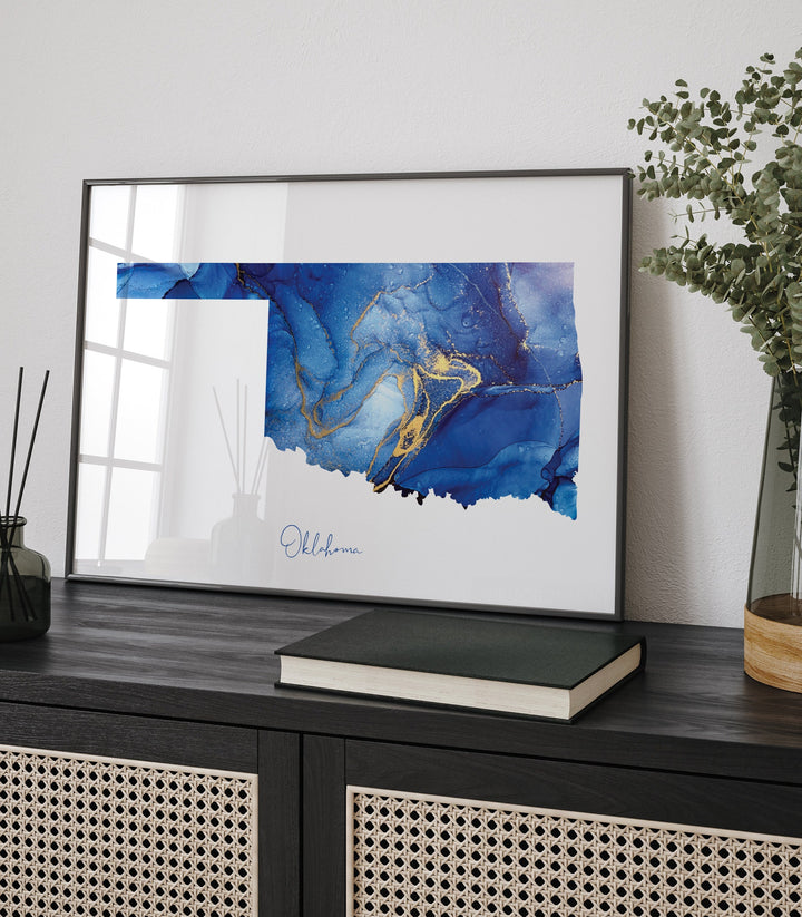 Oklahoma Map Blue and Gold Wall Art Print | US State | United States of America | USA