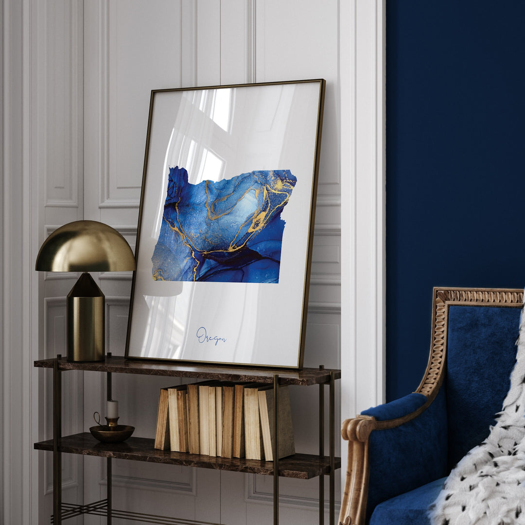 Oregon Map Blue and Gold Wall Art Print | US State | United States of America | USA