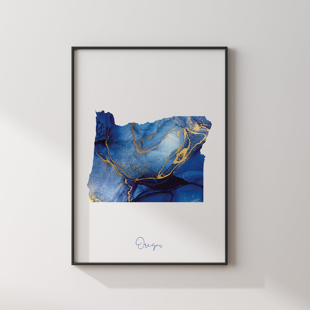 Oregon Map Blue and Gold Wall Art Print | US State | United States of America | USA