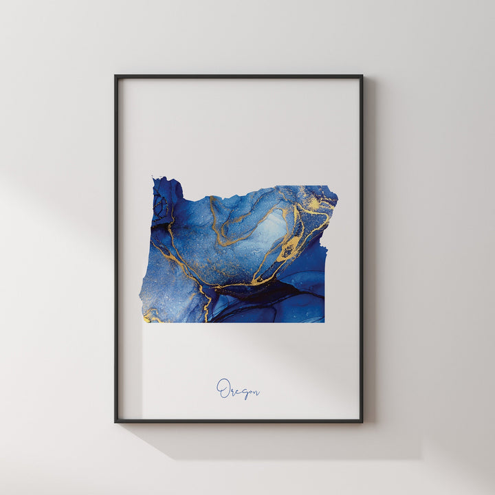 Oregon Map Blue and Gold Wall Art Print | US State | United States of America | USA
