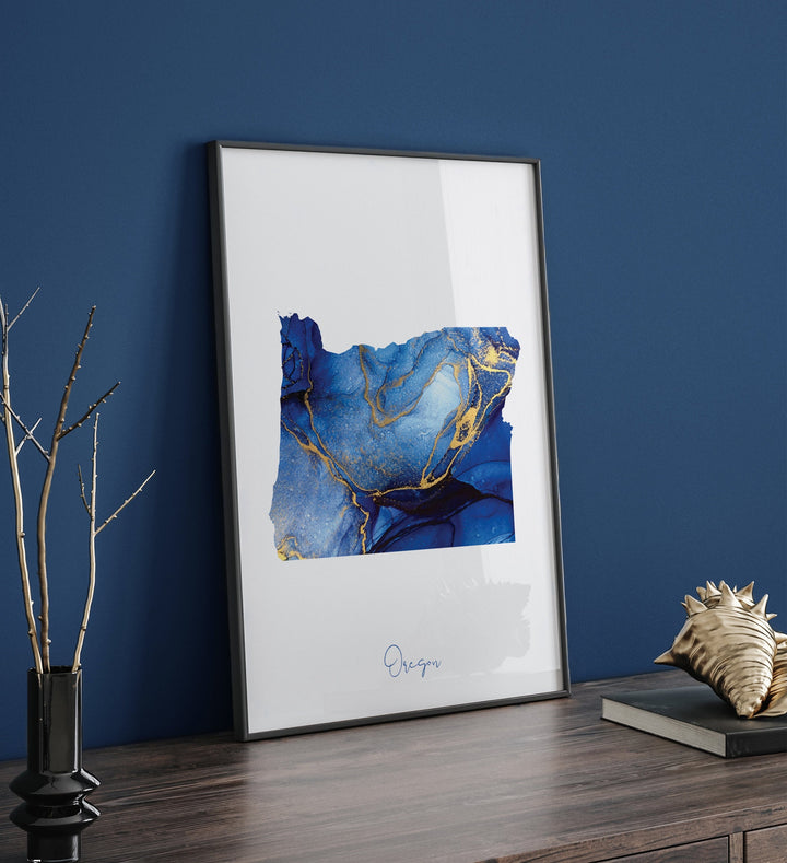 Oregon Map Blue and Gold Wall Art Print | US State | United States of America | USA