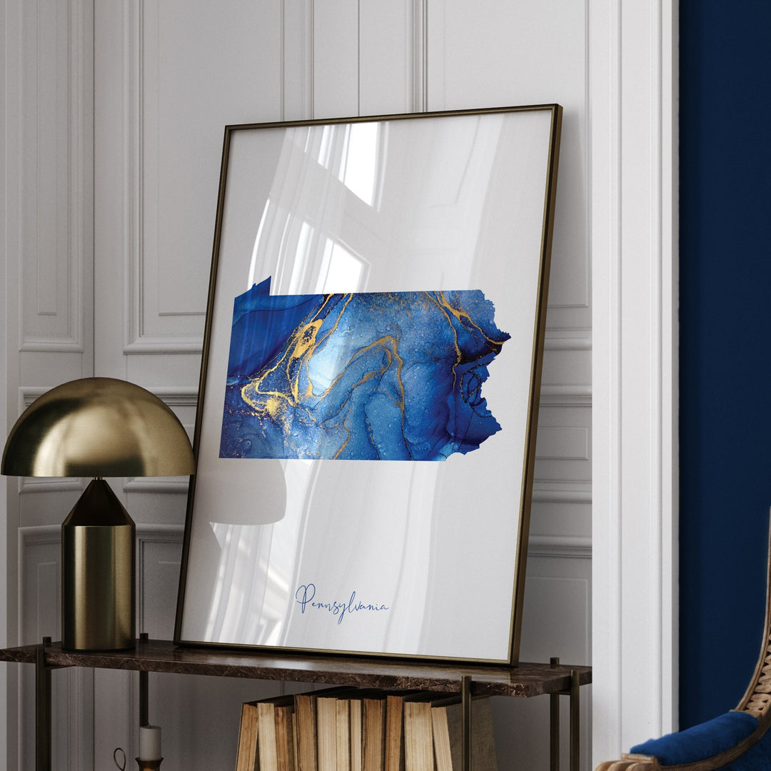 Pennsylvania Map Blue and Gold Wall Art Print | US State | United States of America | USA