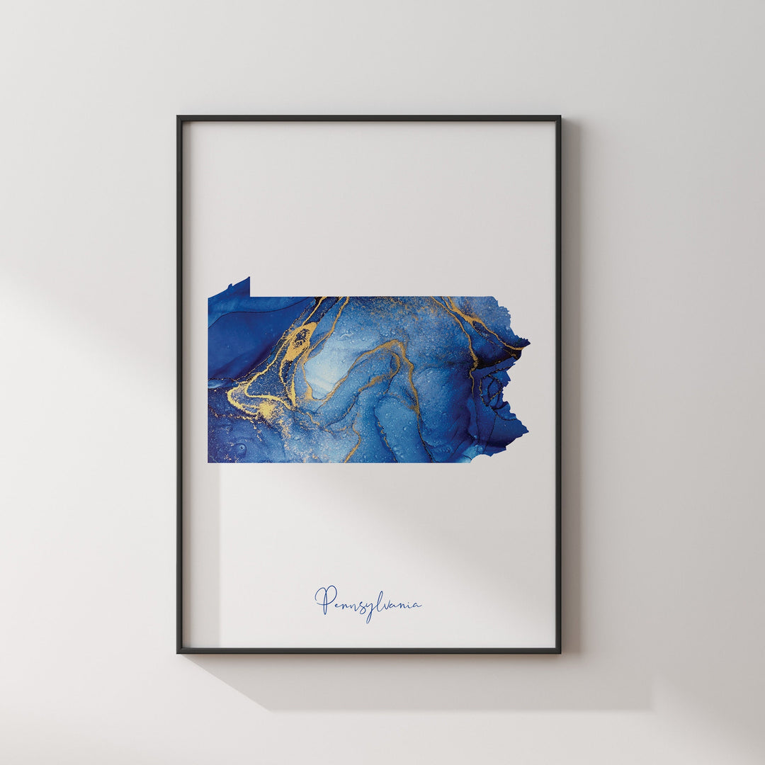 Pennsylvania Map Blue and Gold Wall Art Print | US State | United States of America | USA