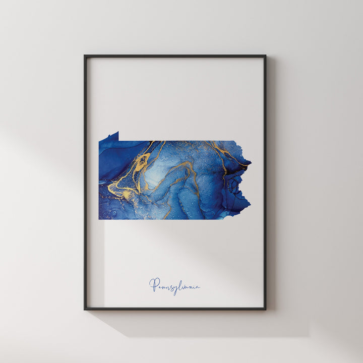 Pennsylvania Map Blue and Gold Wall Art Print | US State | United States of America | USA