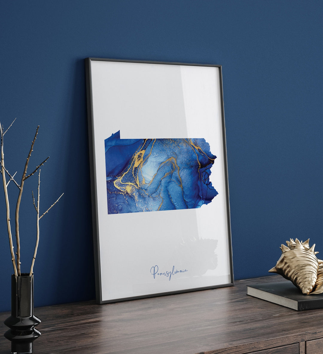 Pennsylvania Map Blue and Gold Wall Art Print | US State | United States of America | USA