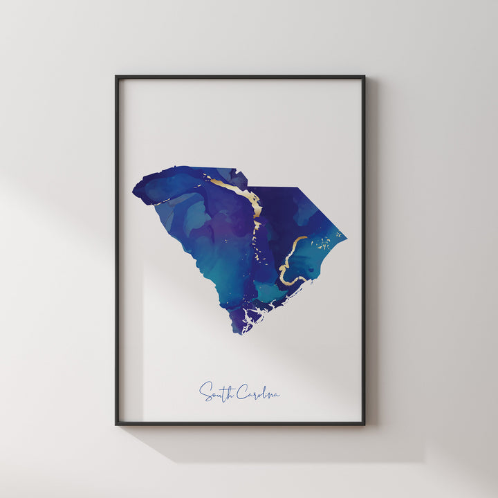 South Carolina Map Blue and Gold Wall Art Print | US State | United States of America | USA