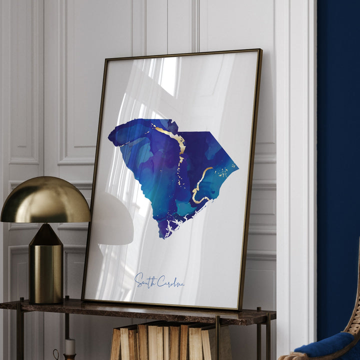 South Carolina Map Blue and Gold Wall Art Print | US State | United States of America | USA