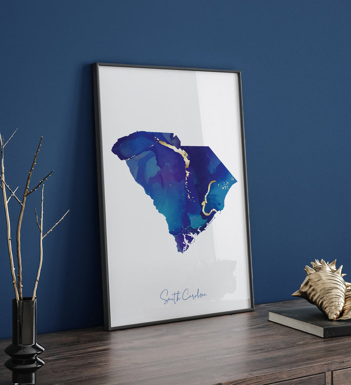 South Carolina Map Blue and Gold Wall Art Print | US State | United States of America | USA