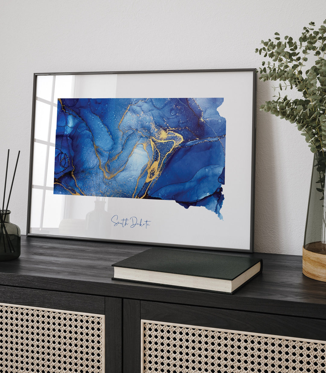 South Dakota Map Blue and Gold Wall Art Print | US State | United States of America | USA