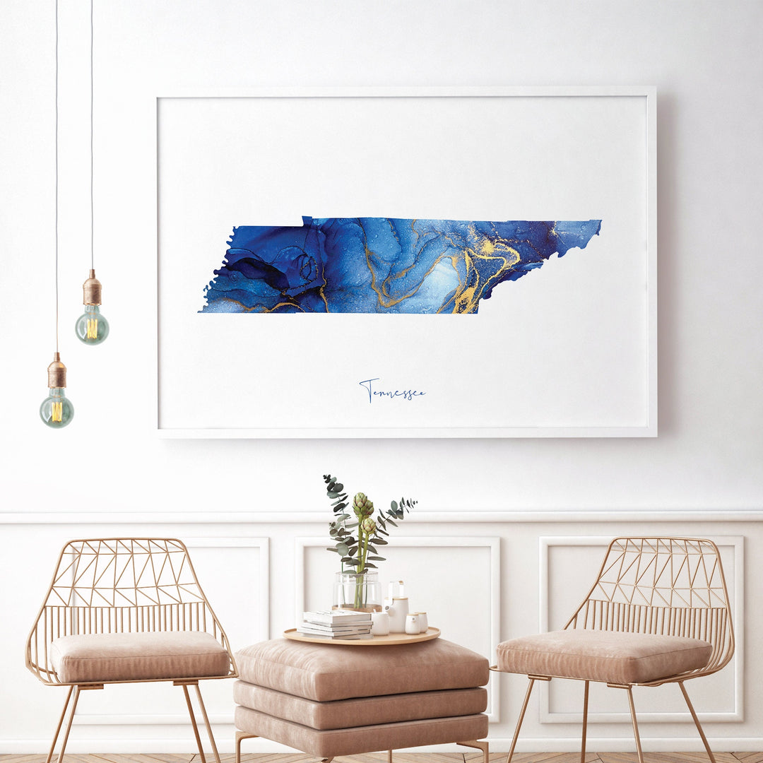 Tennessee Map Blue and Gold Wall Art Print | US State | United States of America | USA