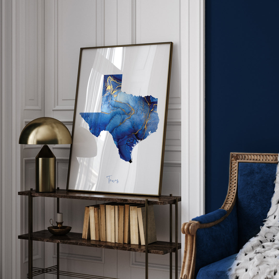 Texas Map Blue and Gold Wall Art Print | US State | United States of America | USA