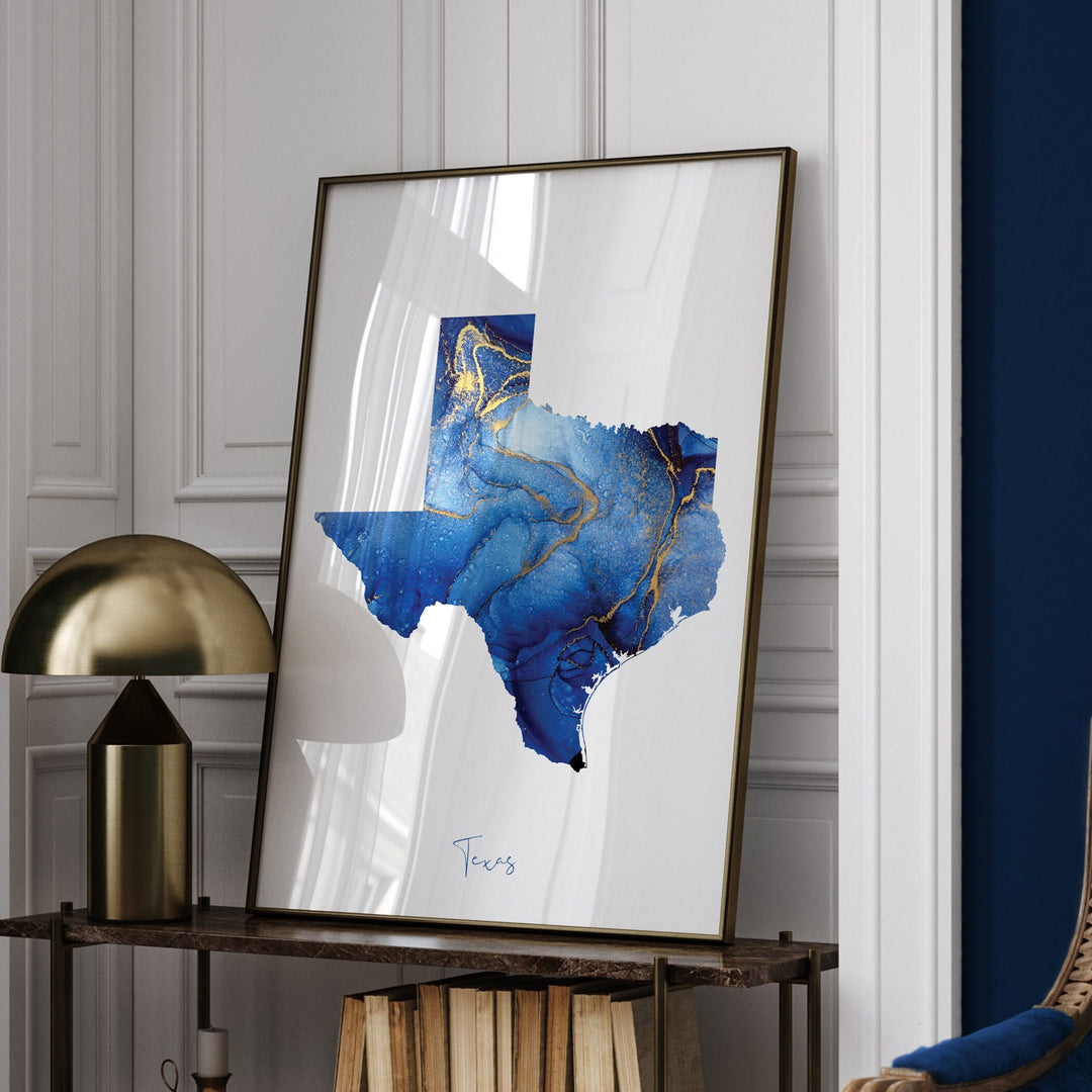 Texas Map Blue and Gold Wall Art Print | US State | United States of America | USA