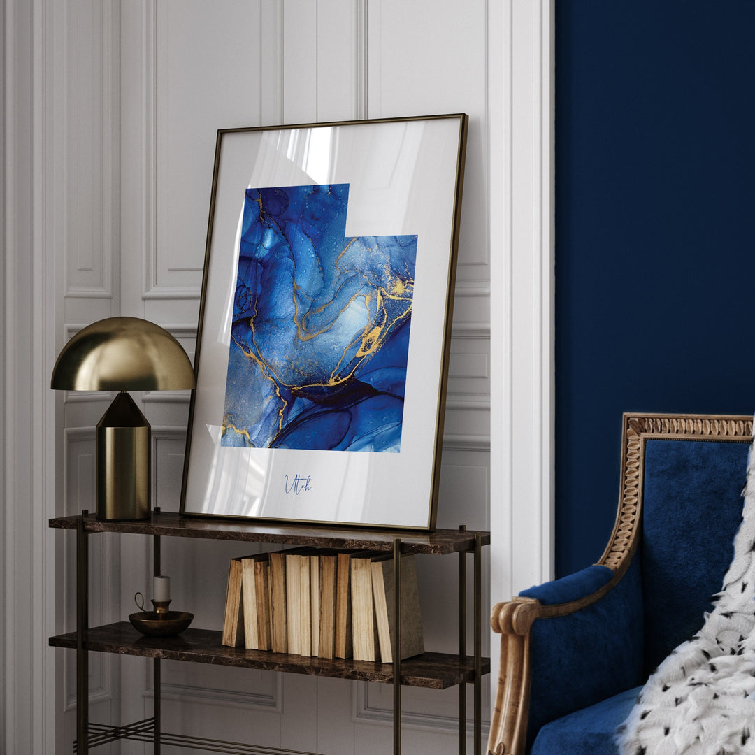 Utah Map Blue and Gold Wall Art Print | US State | United States of America | USA