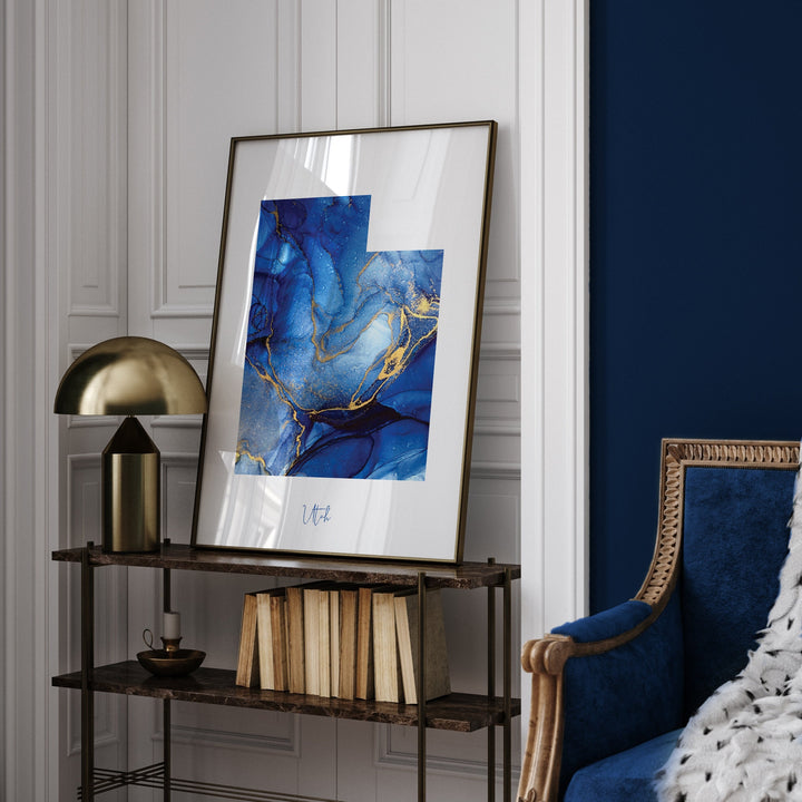 Utah Map Blue and Gold Wall Art Print | US State | United States of America | USA