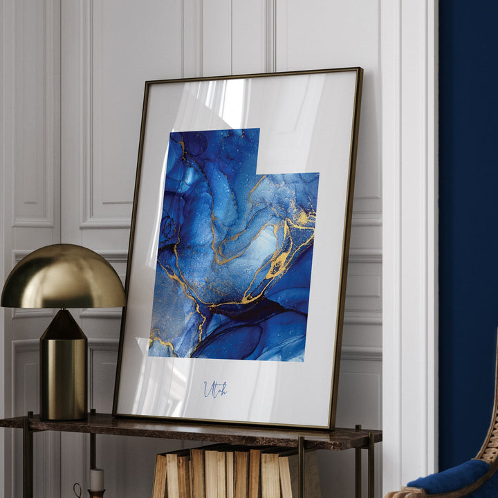 Utah Map Blue and Gold Wall Art Print | US State | United States of America | USA