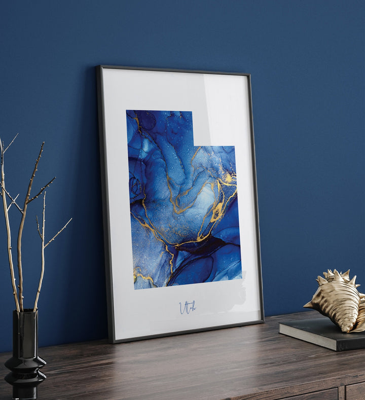 Utah Map Blue and Gold Wall Art Print | US State | United States of America | USA